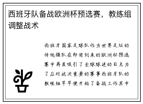 西班牙队备战欧洲杯预选赛，教练组调整战术